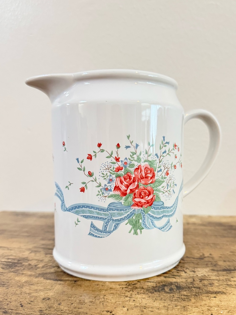 White Ceramic Floral Pitcher | Red Roses Blue Ribbon - Picture 8 of 12